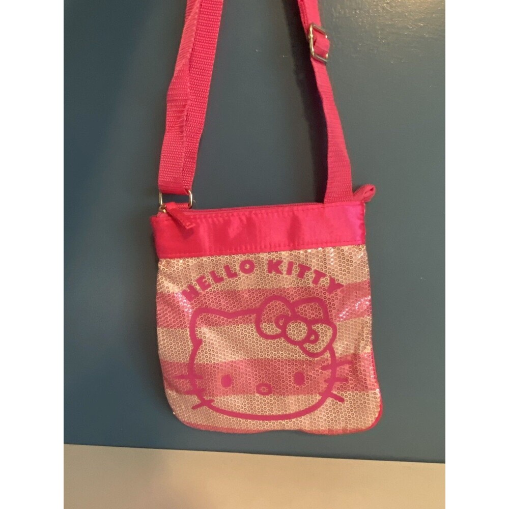 Hello Kitty Pink Stripe Sequined Girl's Crossbody Bag 2012 Adjust Strap NWT 8x8”